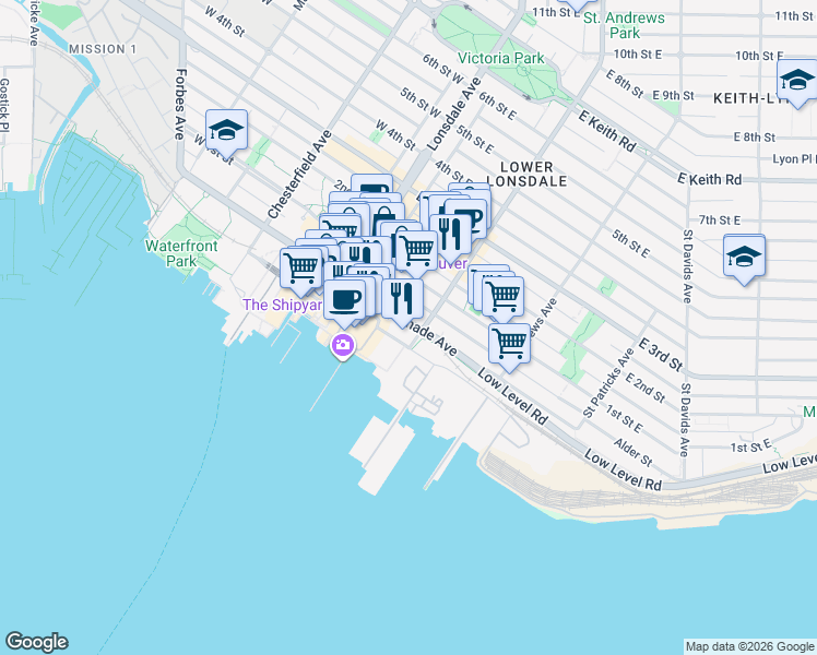 map of restaurants, bars, coffee shops, grocery stores, and more near 188 E. ESPLANADE in North Vancouver