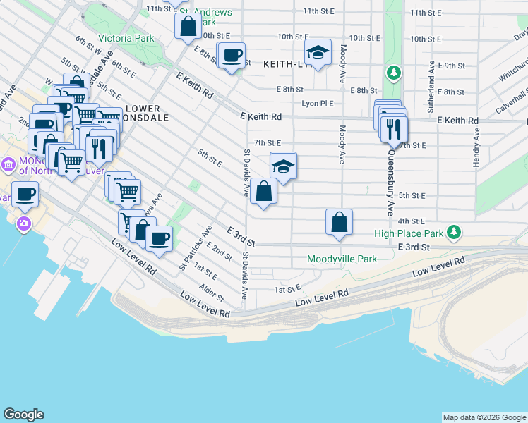 map of restaurants, bars, coffee shops, grocery stores, and more near 452 4th Street East in North Vancouver