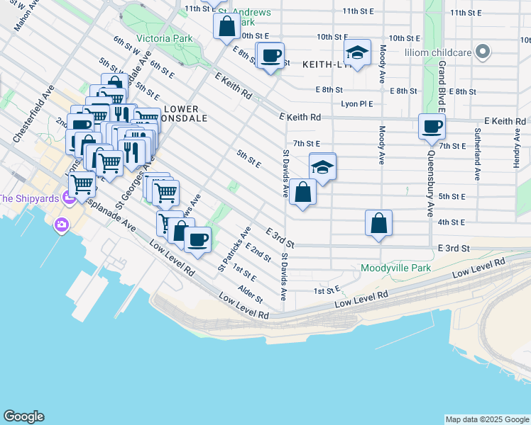 map of restaurants, bars, coffee shops, grocery stores, and more near 332 Saint Patricks Avenue in North Vancouver