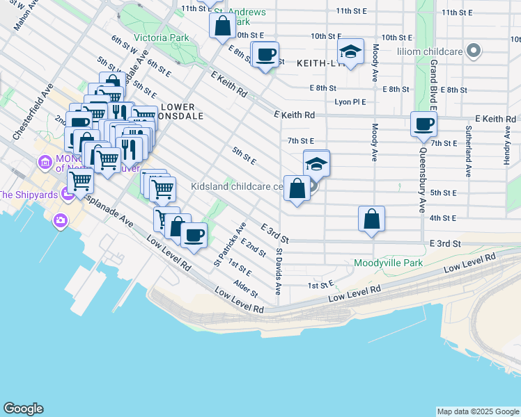 map of restaurants, bars, coffee shops, grocery stores, and more near 332 Saint Patricks Avenue in North Vancouver
