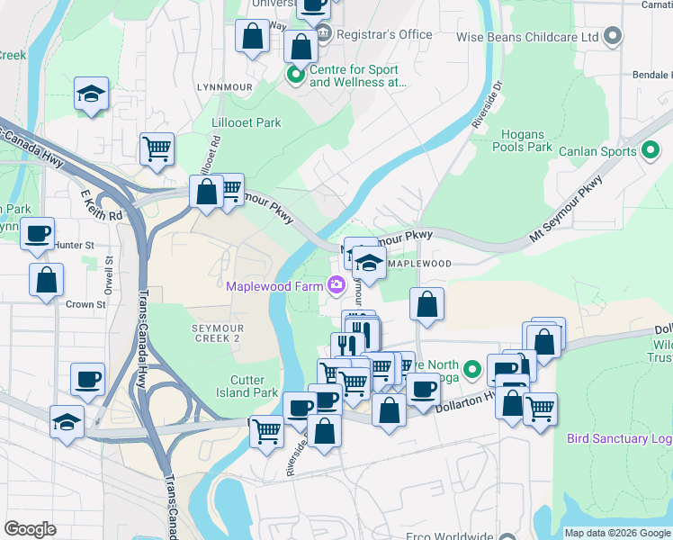 map of restaurants, bars, coffee shops, grocery stores, and more near 2045 Heritage Park Lane in North Vancouver