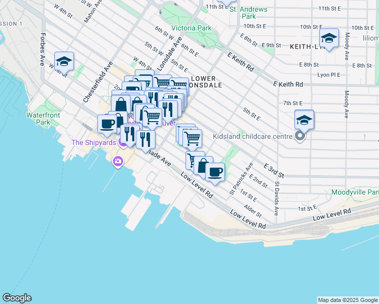 map of restaurants, bars, coffee shops, grocery stores, and more near in North Vancouver