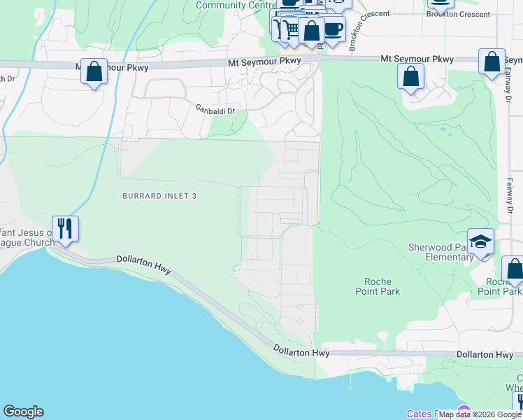 map of restaurants, bars, coffee shops, grocery stores, and more near 3596 Salal Drive in North Vancouver