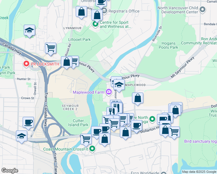 map of restaurants, bars, coffee shops, grocery stores, and more near 2045 Heritage Park Lane in North Vancouver