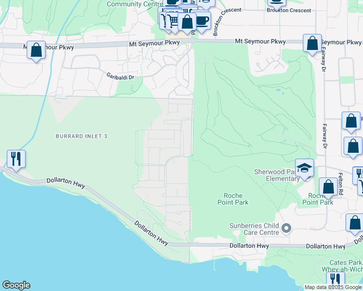 map of restaurants, bars, coffee shops, grocery stores, and more near 3597 Malsum Drive in Metro Vancouver