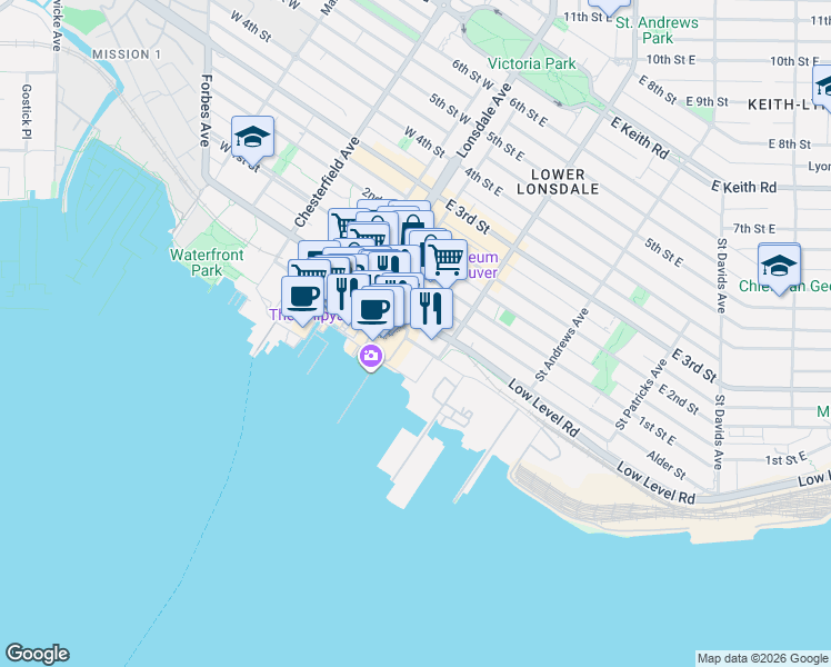 map of restaurants, bars, coffee shops, grocery stores, and more near 162 Victory Ship Way in North Vancouver
