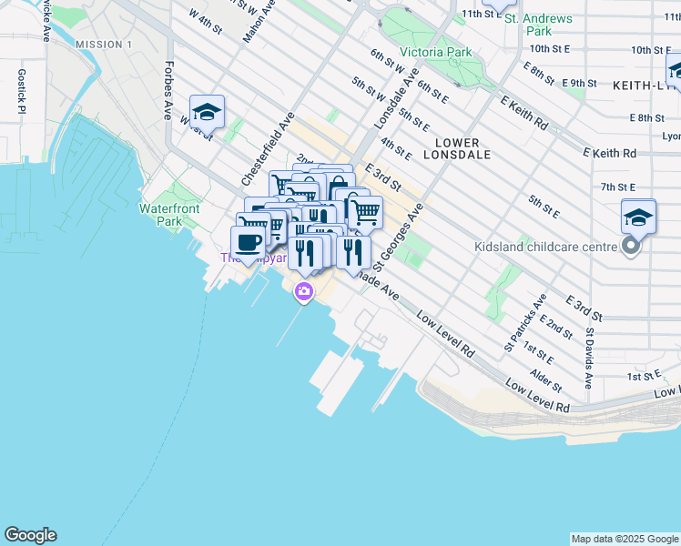 map of restaurants, bars, coffee shops, grocery stores, and more near 162 Victory Ship Way in North Vancouver