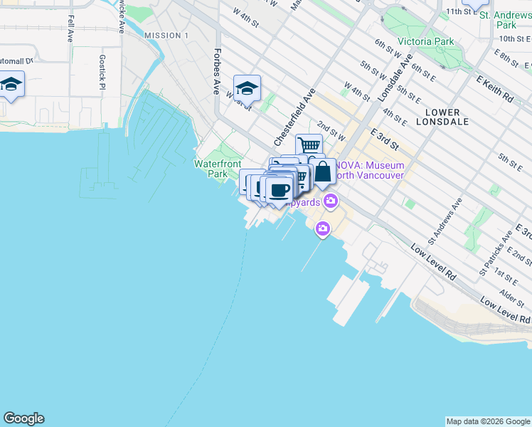 map of restaurants, bars, coffee shops, grocery stores, and more near 143 Chadwick Court in North Vancouver