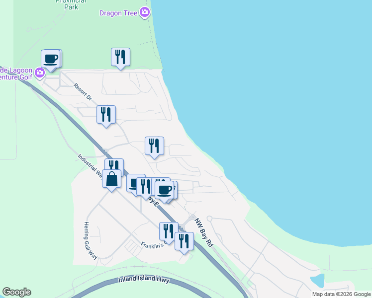 map of restaurants, bars, coffee shops, grocery stores, and more near 1175 Resort Drive in Parksville