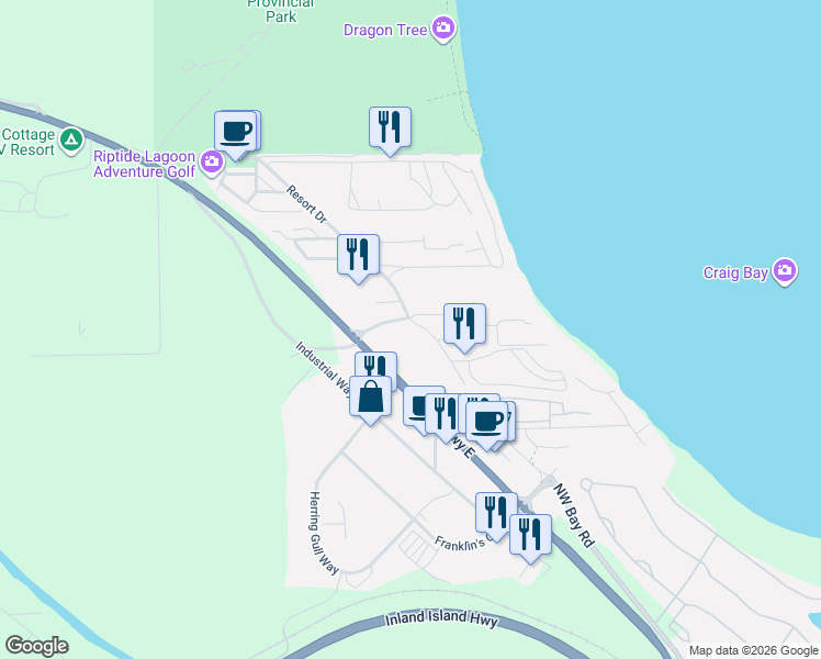 map of restaurants, bars, coffee shops, grocery stores, and more near 1080 Resort Drive in Parksville