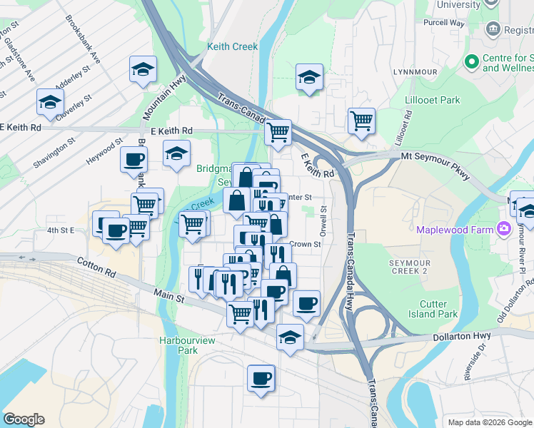 map of restaurants, bars, coffee shops, grocery stores, and more near 1496 Charlotte Road in North Vancouver