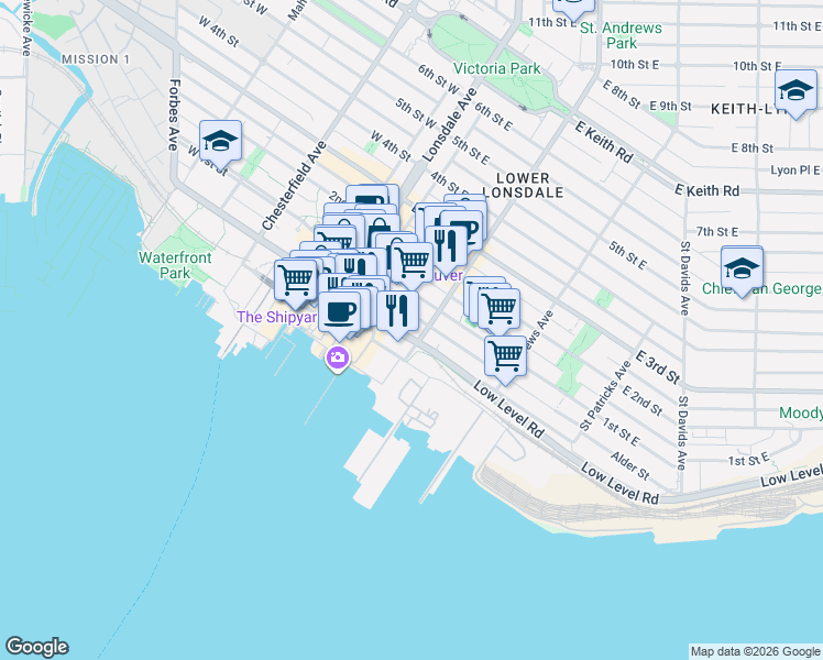 map of restaurants, bars, coffee shops, grocery stores, and more near 188 East Esplanade in North Vancouver