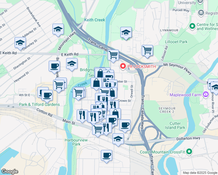 map of restaurants, bars, coffee shops, grocery stores, and more near 467 Mountain Highway in North Vancouver