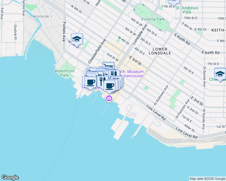 map of restaurants, bars, coffee shops, grocery stores, and more near 125 Victory Ship Way in North Vancouver