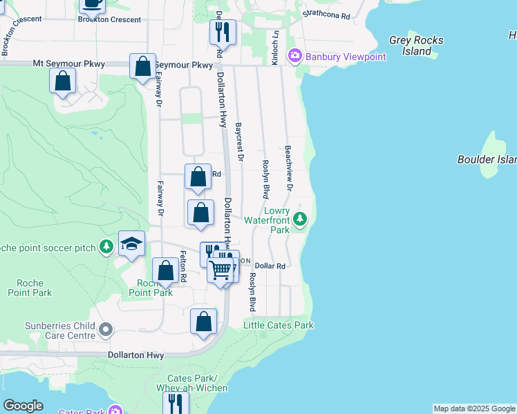 map of restaurants, bars, coffee shops, grocery stores, and more near 635 Roslyn Boulevard in North Vancouver