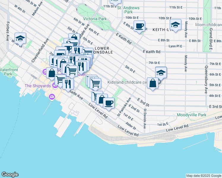 map of restaurants, bars, coffee shops, grocery stores, and more near in North Vancouver