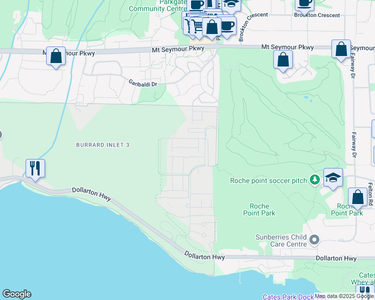 map of restaurants, bars, coffee shops, grocery stores, and more near 3597 Malsum Drive in North Vancouver