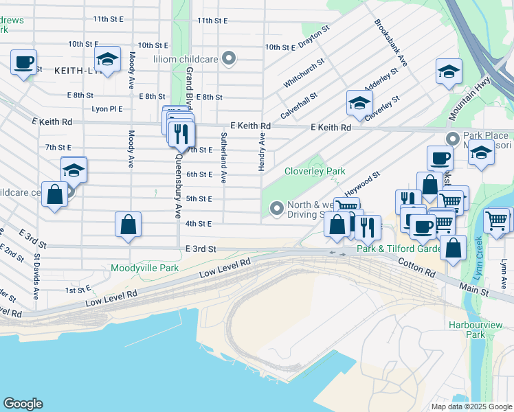 map of restaurants, bars, coffee shops, grocery stores, and more near in North Vancouver