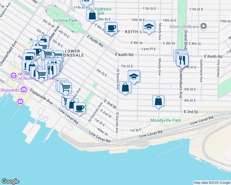 map of restaurants, bars, coffee shops, grocery stores, and more near East 4 Street in North Vancouver