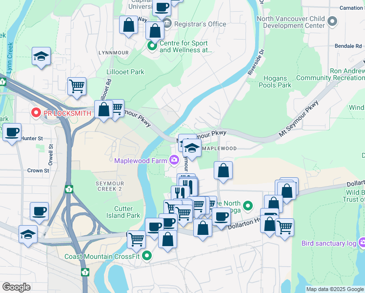 map of restaurants, bars, coffee shops, grocery stores, and more near 433 Seymour River Place in North Vancouver