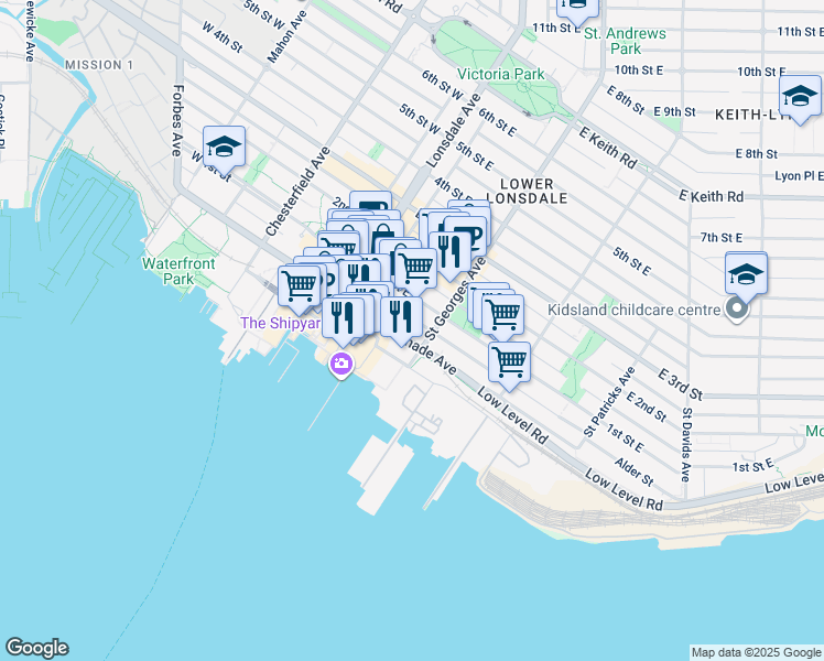 map of restaurants, bars, coffee shops, grocery stores, and more near in North Vancouver