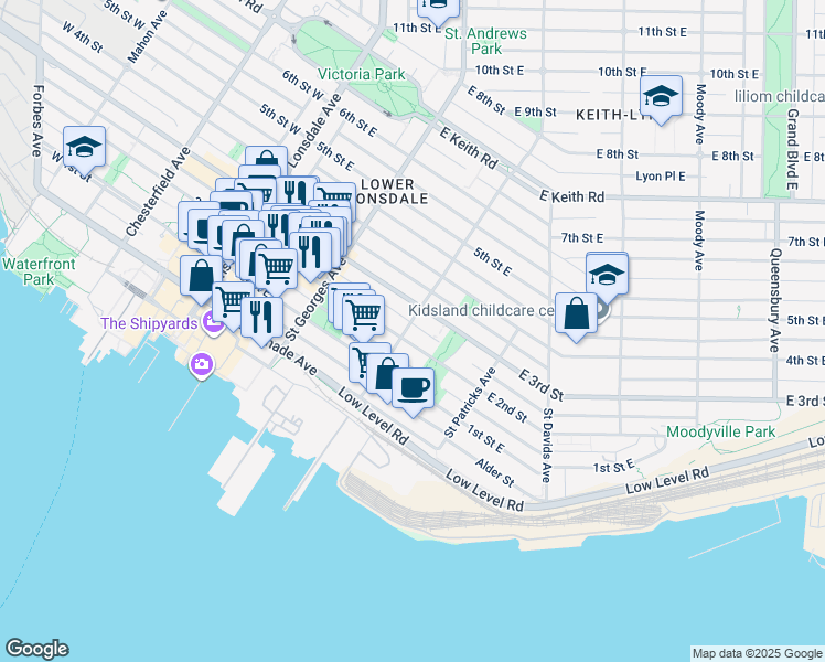map of restaurants, bars, coffee shops, grocery stores, and more near 304 2nd Street East in North Vancouver