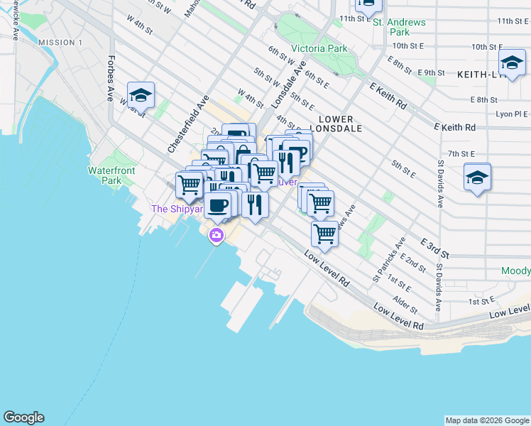 map of restaurants, bars, coffee shops, grocery stores, and more near 188 East Esplanade in North Vancouver