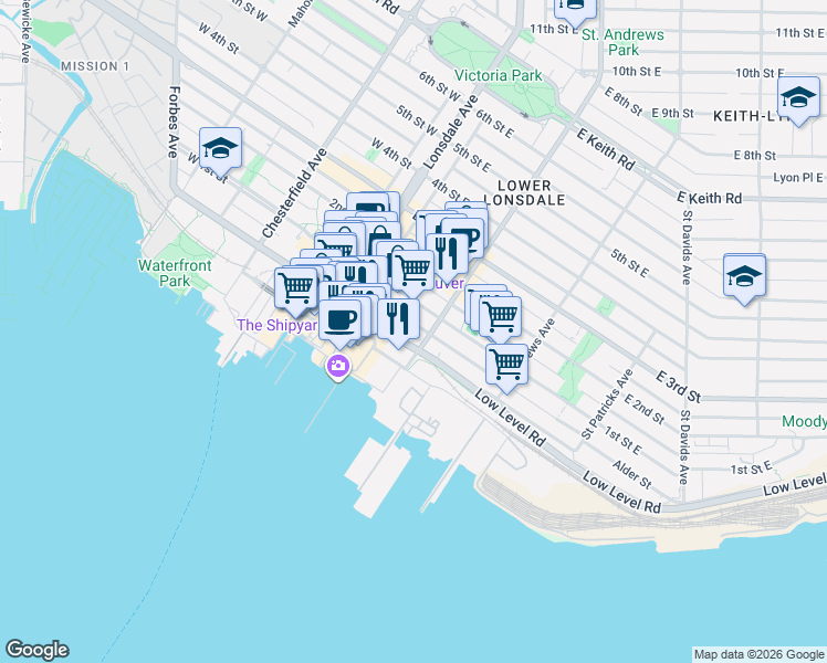 map of restaurants, bars, coffee shops, grocery stores, and more near 188 East Esplanade in North Vancouver