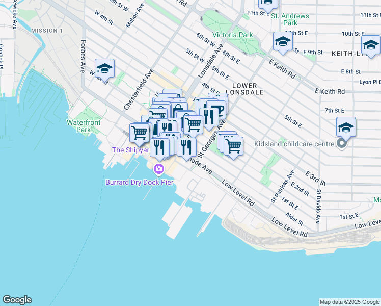 map of restaurants, bars, coffee shops, grocery stores, and more near 188 Esplanade Avenue in North Vancouver