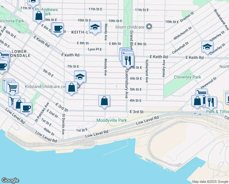 map of restaurants, bars, coffee shops, grocery stores, and more near 629 5th Street East in North Vancouver
