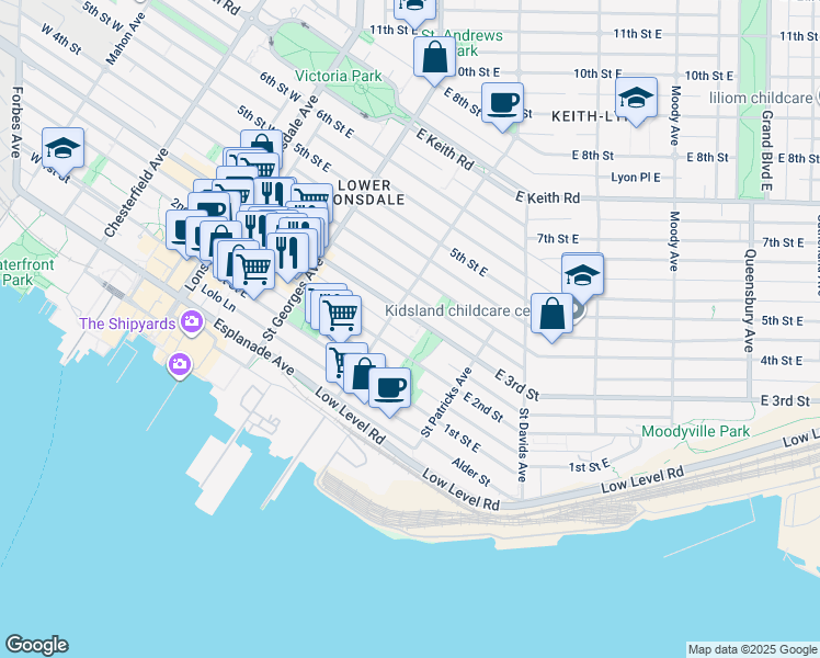 map of restaurants, bars, coffee shops, grocery stores, and more near 315 East 3rd Street in North Vancouver