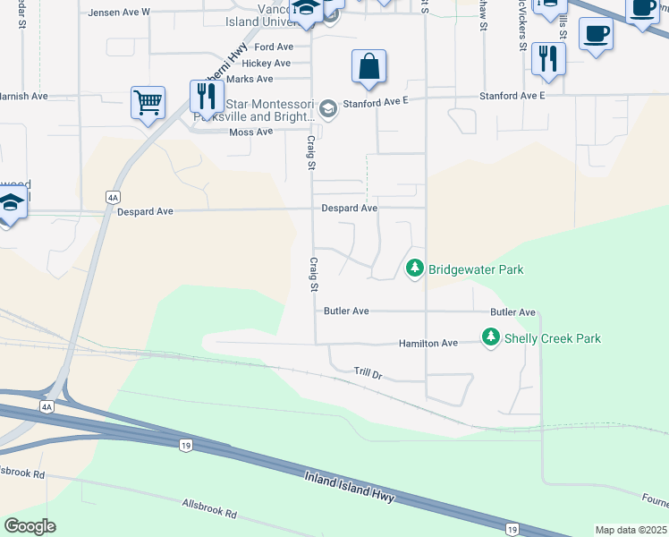 map of restaurants, bars, coffee shops, grocery stores, and more near 461 Aurora Street in Parksville