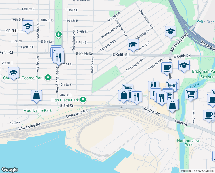 map of restaurants, bars, coffee shops, grocery stores, and more near 943 Shavington Street in North Vancouver