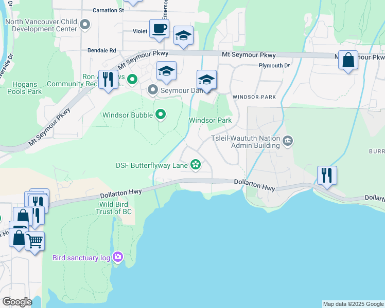 map of restaurants, bars, coffee shops, grocery stores, and more near 581 Ellis Street in North Vancouver