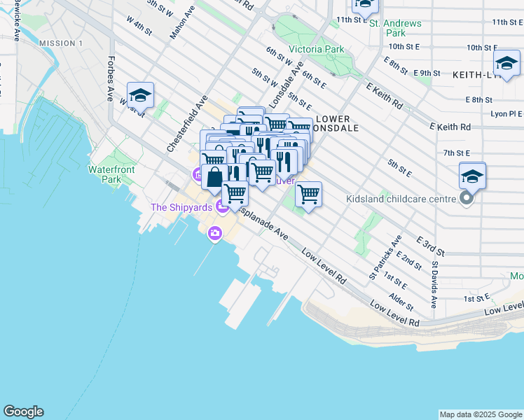 map of restaurants, bars, coffee shops, grocery stores, and more near 188 Esplanade East in North Vancouver