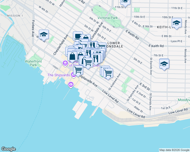map of restaurants, bars, coffee shops, grocery stores, and more near 205 1st Street East in North Vancouver