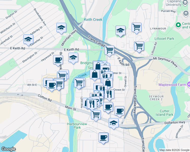 map of restaurants, bars, coffee shops, grocery stores, and more near 1401 Hunter Street in North Vancouver