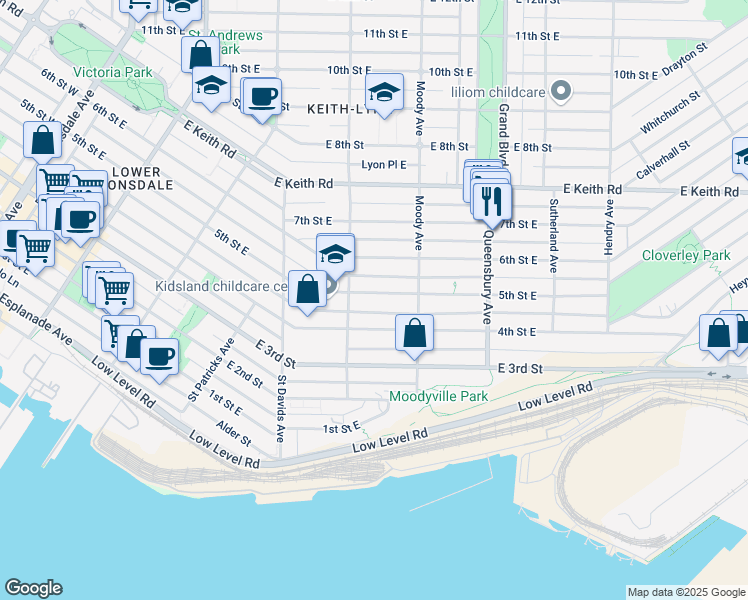 map of restaurants, bars, coffee shops, grocery stores, and more near 523 5th Street East in North Vancouver