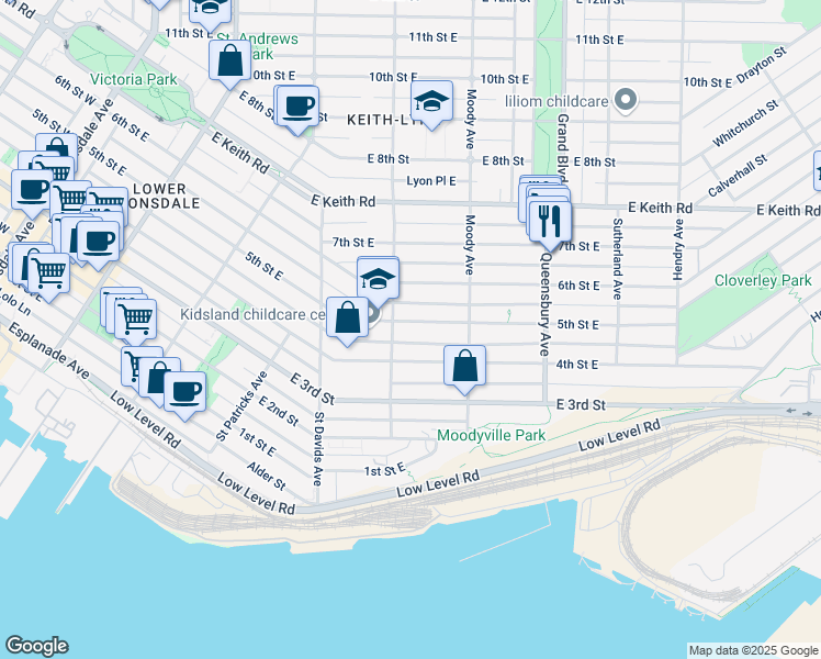 map of restaurants, bars, coffee shops, grocery stores, and more near in North Vancouver