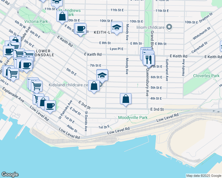 map of restaurants, bars, coffee shops, grocery stores, and more near 502 5th Street East in North Vancouver