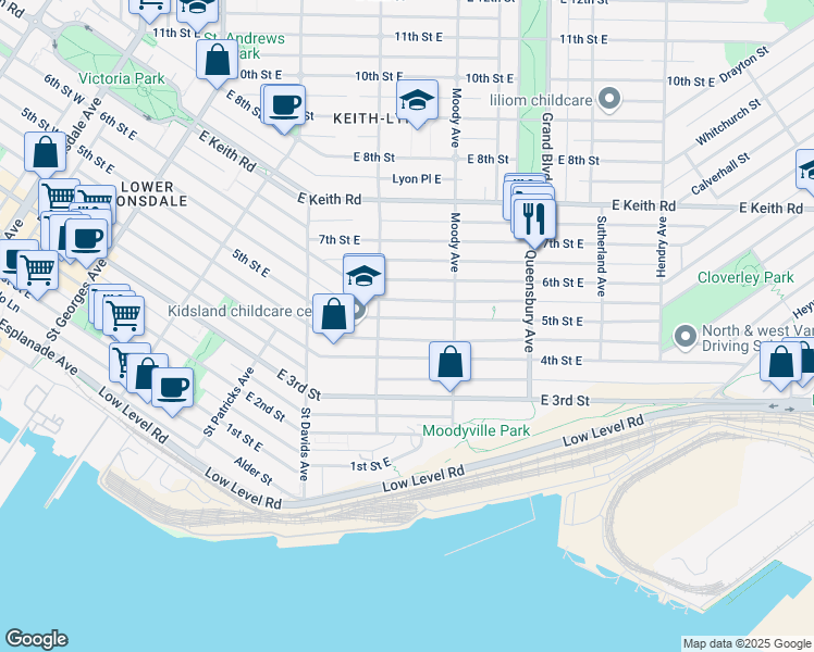 map of restaurants, bars, coffee shops, grocery stores, and more near 523 5th Street East in North Vancouver