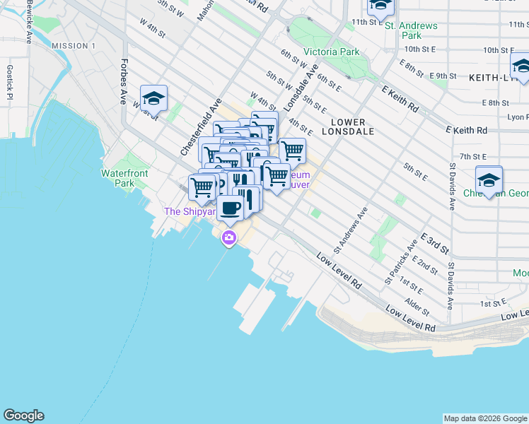 map of restaurants, bars, coffee shops, grocery stores, and more near in Vancouver