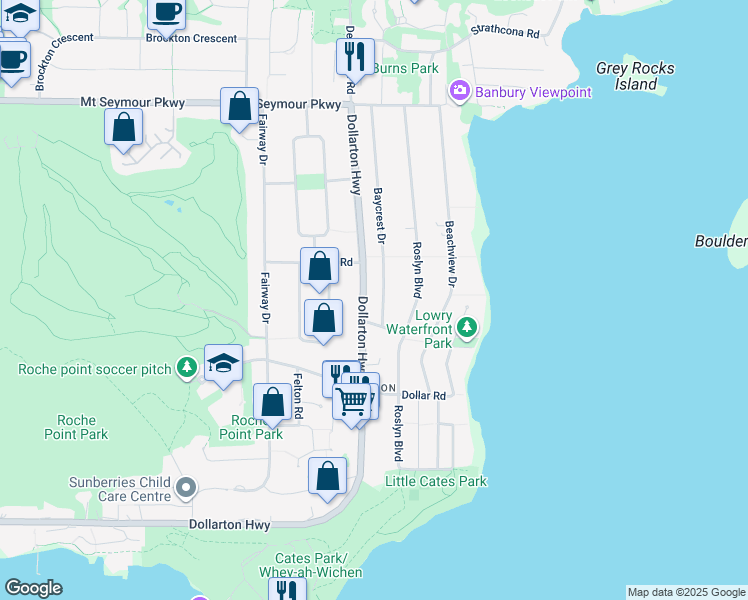map of restaurants, bars, coffee shops, grocery stores, and more near 645 Baycrest Drive in North Vancouver