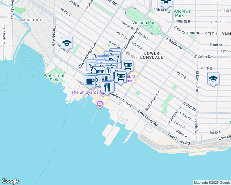 map of restaurants, bars, coffee shops, grocery stores, and more near 168 Esplanade Avenue in North Vancouver