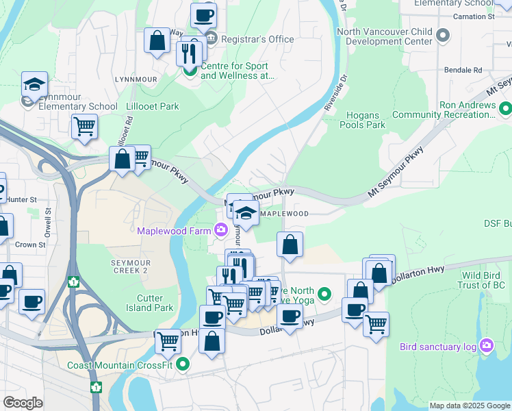 map of restaurants, bars, coffee shops, grocery stores, and more near 2135 Heritage Park Lane in North Vancouver