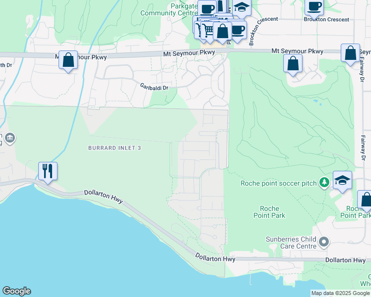 map of restaurants, bars, coffee shops, grocery stores, and more near 3597 Malsum Drive in Burrard Inlet 3
