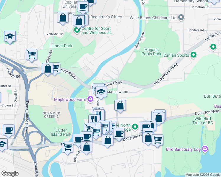 map of restaurants, bars, coffee shops, grocery stores, and more near 2135 Heritage Park Lane in North Vancouver