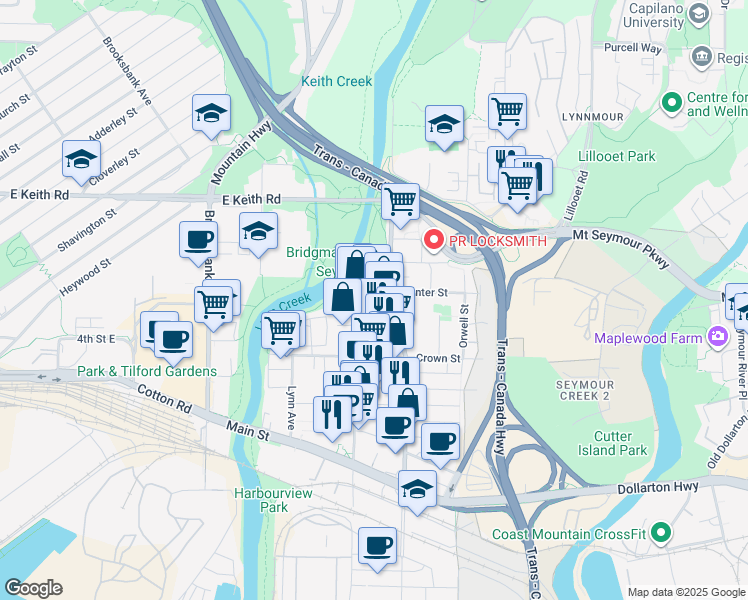 map of restaurants, bars, coffee shops, grocery stores, and more near 1479 Hunter Street in North Vancouver
