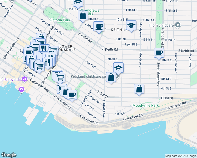 map of restaurants, bars, coffee shops, grocery stores, and more near 384 4th Street East in North Vancouver