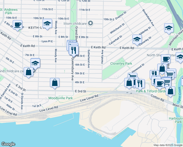 map of restaurants, bars, coffee shops, grocery stores, and more near in North Vancouver